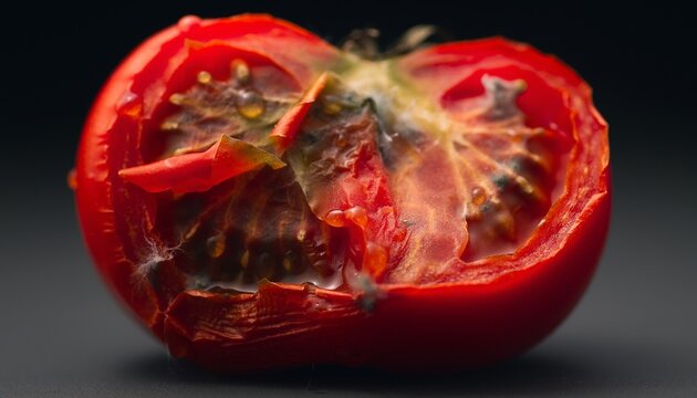 Single rotten tomato with cracked and peeling skin, extreme close-up of damaged red skin revealing deteriorating flesh underneath.