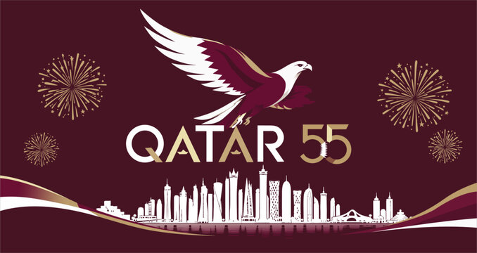 Elegant Qatar anniversary design featuring a flying falcon, Doha skyline, subtle fireworks, and flowing elements. Perfect for national celebrations, posters, and banners.