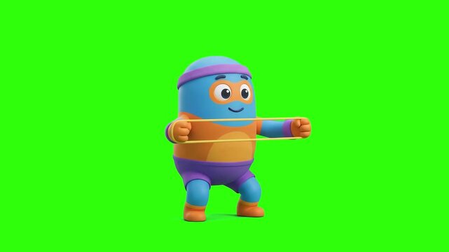 A cute 3D animated blue character in sportswear stretching a rubber resistance band during a workout on a chroma key green background. Excellent for fitness app promos, exercise tutorials, health anim