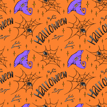 Seamless graphic Halloween pattern with orange background and purple witch hats. The vector illustration is hand drawn with ink for textiles and wrapping paper.