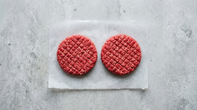 Two raw beef burger patties with a crosshatch pattern on parchment paper