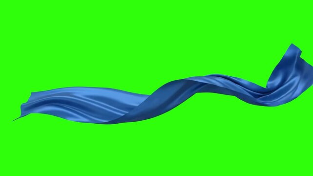 mooth 3D animated blue silk cloth wave flowing gracefully across the frame on a chroma key green background. Perfect for luxury transitions, background reveals, abstract motion graphics, and elegant c