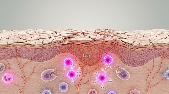 Cross section diagram of dry damaged skin barrier with cytokines IL-4 IL-13 and nerve signaling