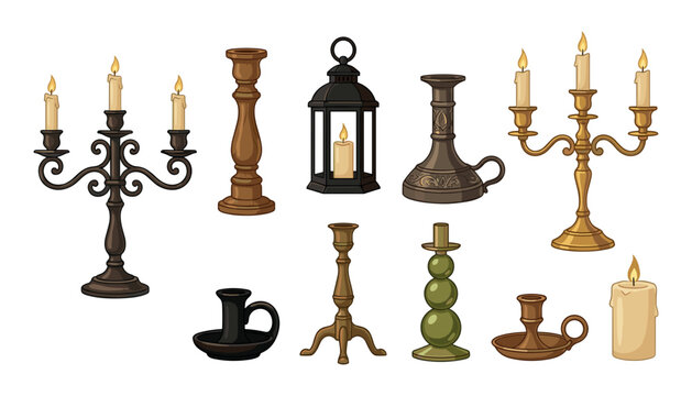 Antique candlestick vector set featuring vintage candelabras metal holders burning wax candles and lantern for interior design