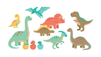  Cute cartoon dinosaurs vector collection featuring tyrannosaurus rex triceratops pterodactyl and baby dinosaur hatchlings isolated on white background. © HABIBA