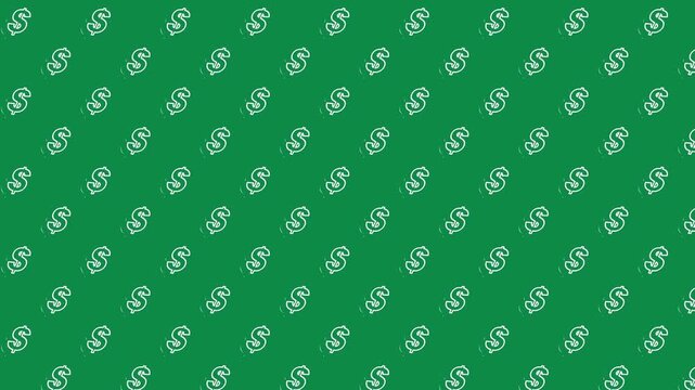 Green background features repeating white dollar signs. Pattern creates a bold, financial theme. Ideal for business, finance, or economic concepts. Visual symbolizes money, profit, or success