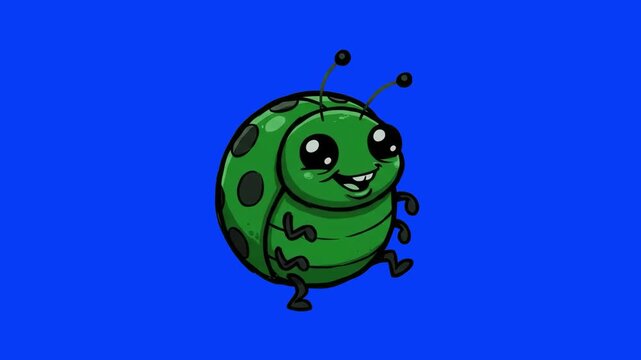 A cute 2D animated green ladybug character dancing joyfully with a big smile on a chroma key blue background. Suitable for fantasy insect animations, playful children's content, game elements, and ani