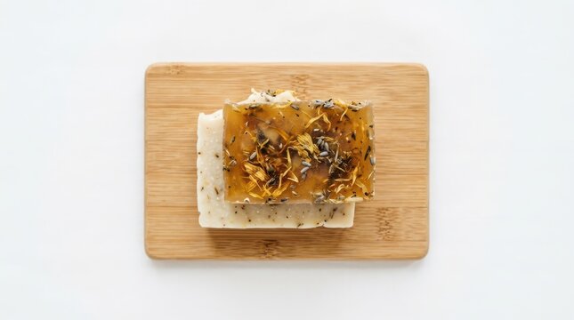 Two rectangular handmade soap bars with dried petals and herbs stacked on a small wooden board