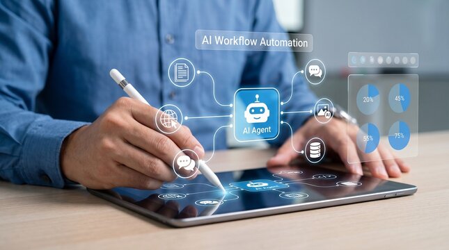 AI workflow automation concept, businessman using artificial intelligence software with AI agent coding flow, interface nodes, triggers, data tools, and automated process technology