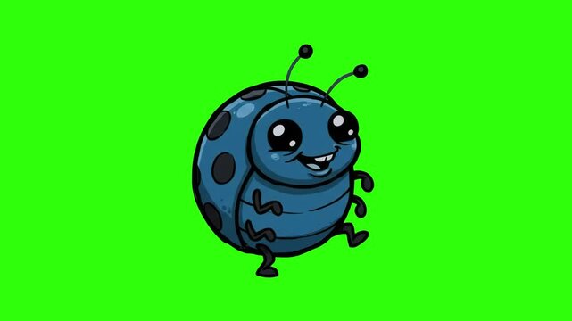 A cute 2D cartoon blue ladybug bug character dancing happily on a chroma key green background. Great for nature animations, children learning games, funny insect overlays, cartoon mascots, and keyable
