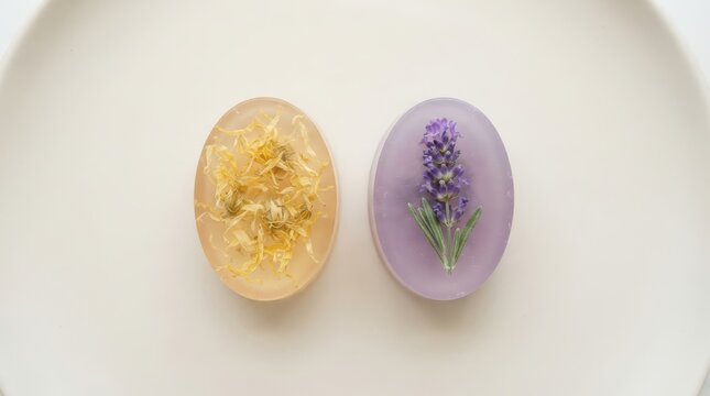 Two oval shaped handmade glycerin soaps with embedded dried calendula petals and a lavender sprig on a white plate
