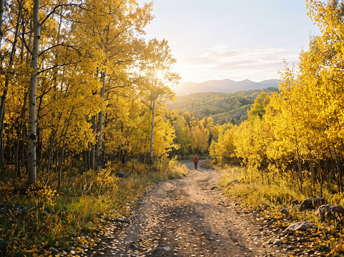 A person walks with a dog along a scenic dirt road surrounded by golden yellow aspen trees during autumn sunset