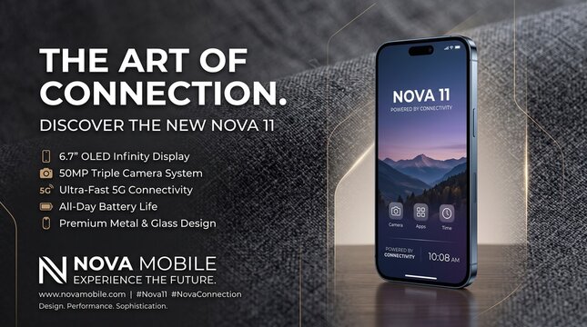 Modern smartphone promotional banner with specs and typography, ideal for mobile advertising, tech marketing, product launch, and web banner design.