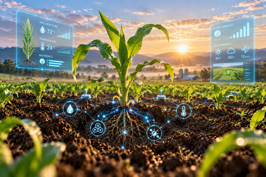 AI generated young corn plant growing dark fertile soil glowing IoT root network digital crop monitoring panels at sunrise for precision agriculture technology