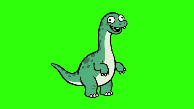 A happy 2D cartoon Diplodocus dinosaur character dancing cheerfully on a chroma key green background. Ideal for prehistoric animations, kids games, funny dinosaur clips, cartoon mascots, and keyable v