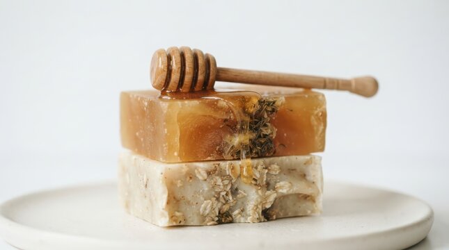 Two handmade soap bars with honey and oats on a plate with a honey dipper