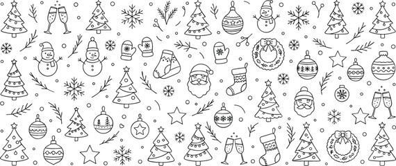 Obraz premium Christmas holiday seamless panoramic banner vector pattern featuring santa claus fir trees snowmen and festive decorations