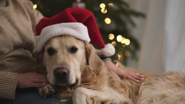 Girl Petting Adorable Golden Retriever Dog In A Santa Hat At Home Against A Christmas Tree