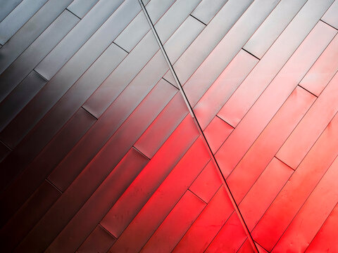 Close-up of diagonal metal cladding panels on a building exterior, transitioning from gray at upper left to red at lower right under colored lighting. 