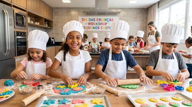 Happy diverse group of children wearing chef hats and aprons baking colorful cookies during a culinary workshop in a modern kitchen