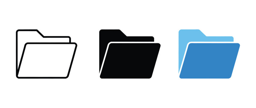 Folder icon set featuring open and closed file folders in outline, solid, and layered vector styles