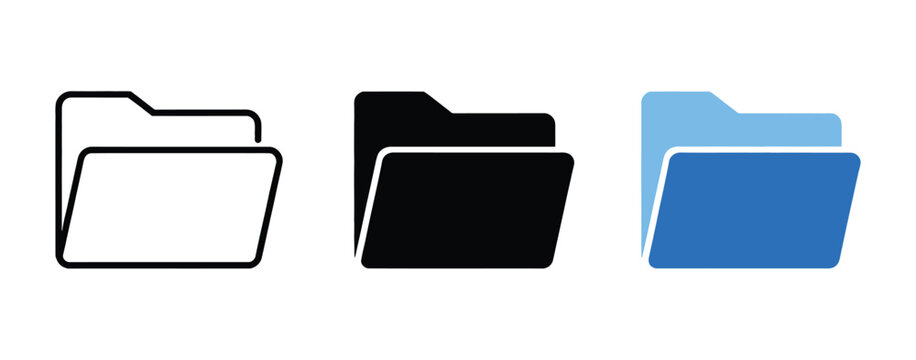 Folder icon set featuring open and closed file folders in outline, solid, and layered vector styles