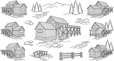 Fototapeta premium Vintage Watermill Landscape Vector Set with Rustic Wooden Mills Rivers Bridges Mountains and Pine Trees for Wilderness Outdoors Designs