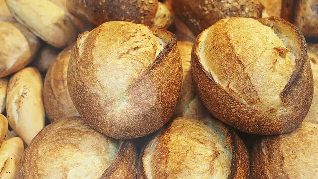Fresh bread rolls arranged in a bakery display case in the morning light
