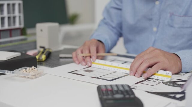 Focused Asian Male Architect Drawing Blueprint on Desk in Modern Architectural Studio