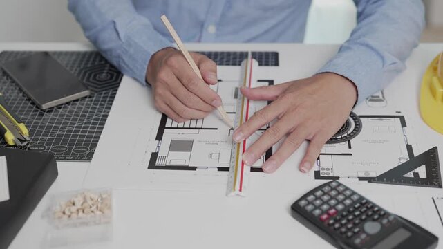 Focused Asian Male Architect Drawing Blueprint on Desk in Modern Architectural Studio