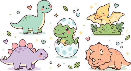 Cute Baby Dinosaur Vector Set with Hatching Tyrannosaurus Rex in Egg Triceratops Stegosaurus and Pterodactyl for Nursery Room Decor Prints © KHAIRUN
