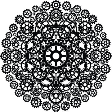 Intricate mechanical gears mandala vector illustration with circular black cogwheel patterns representing steampunk clockwork industrial machinery