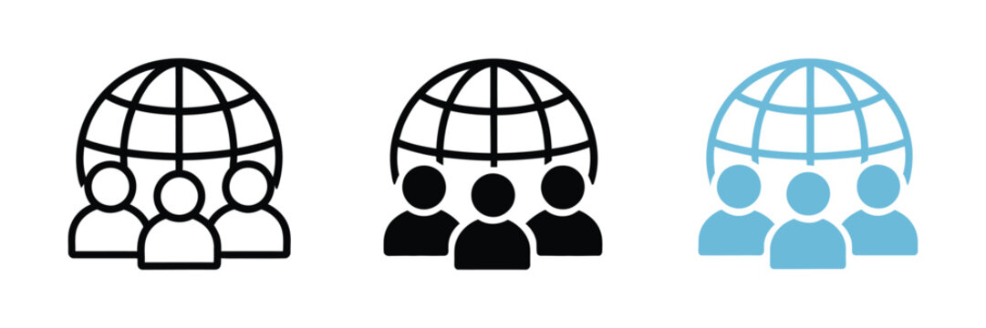 Global community icon set representing teamwork, collaboration, connected people, and worldwide communication in multiple vector styles