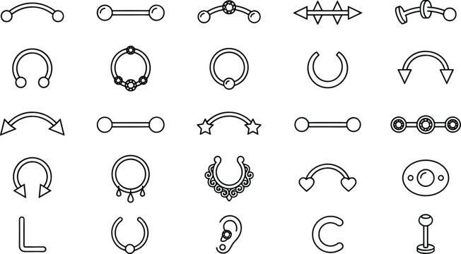 Body piercing jewelry vector line icons collection featuring various barbells hoops rings studs and labret accessories