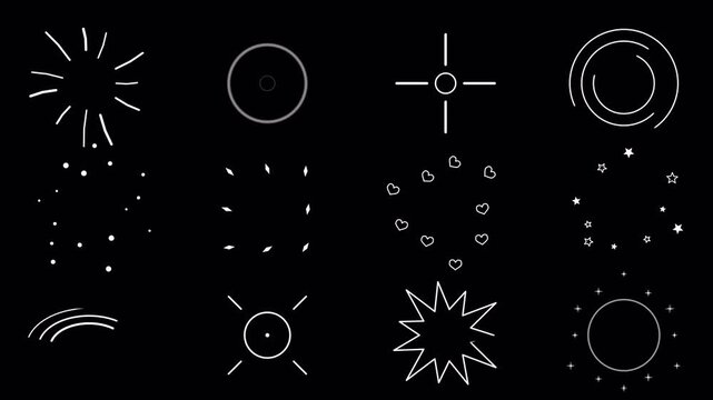 Animated hand-drawn click push pop line effects burst ray stars and hearts on transparent alpha channel