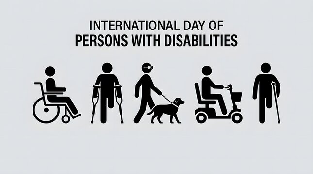 International day of persons with disabilities icon set featuring various people with different mobility aids and accessibility needs