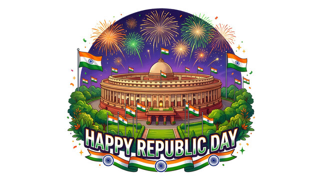 Happy republic day celebration with fireworks and parliament