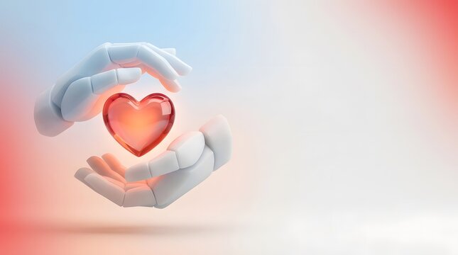 Robot hands protecting a glowing red heart symbol, representing ai ethics, empathy, and technological compassion