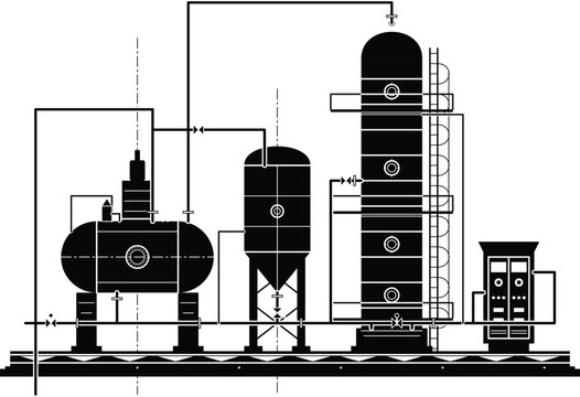 Industrial Chemical Processing CAD Drawing with Distillation Column Storage Vessels Pipelines Valves and Control Equipment
