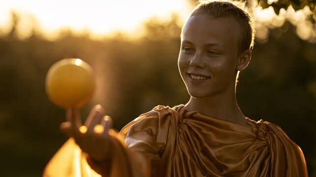 A youthful deity with a mischievous grin balancing a glowing golden apple on one finger, smooth