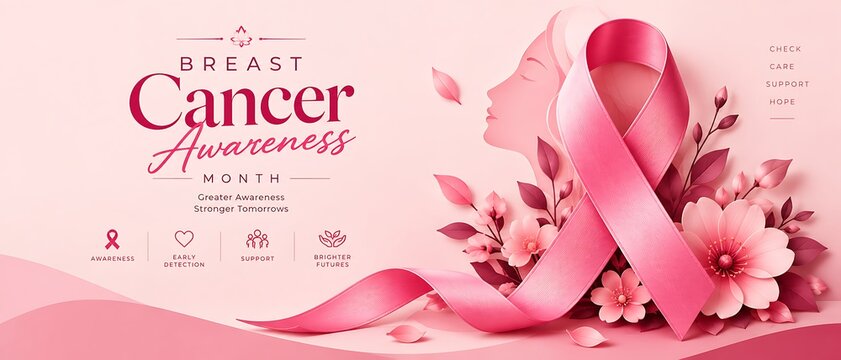 Pink breast cancer awareness ribbon symbol decorated with flowers on a soft pink background awareness healthcare campaign feminine prevention wellness