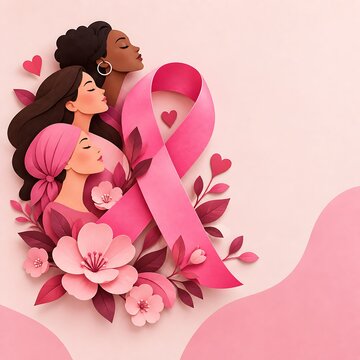 Group of diverse women paper silhouettes with pink breast cancer awareness ribbon and delicate flower decorations awareness diversity papercraft solidarity