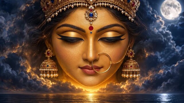 Hindu goddess durga emerging from clouds above moonlit ocean, ornate jewelry