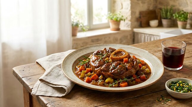 Delicious beef stew with vegetables served on a plate on a rustic wooden table in a kitchen. veal osso bucco
