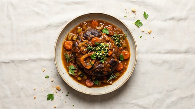 A hearty bowl of beef stew with fresh carrots and herbs served on a table. veal osso bucco