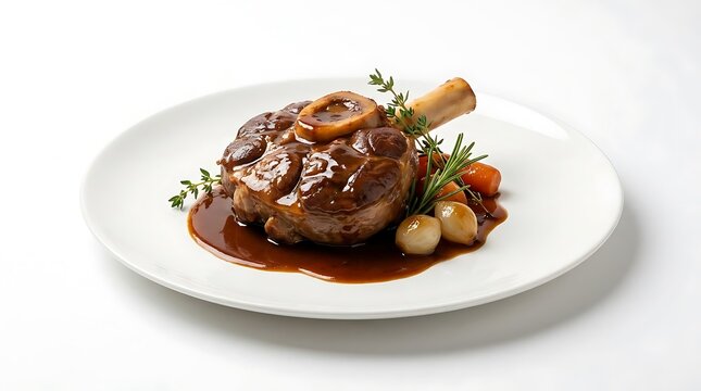 Roasted lamb shank with brown gravy and fresh herbs on a white plate. veal osso bucco