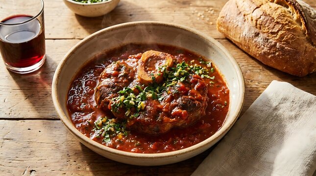 Delicious osso buco veal shank with tomato sauce and herbs in a bowl on a rustic wooden table. veal osso bucco