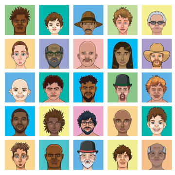 Set of male heads representing widely different ethnicities.