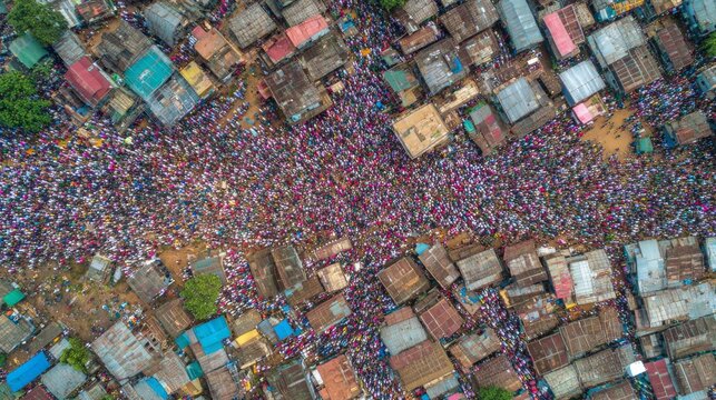 Aerial view of a diverse Muslim community gathering for Eid al-Fitr prayers in a vibrant outdoor celebration, colorful crowd creating a sense of unity, cultural diversity, community connection, and sh