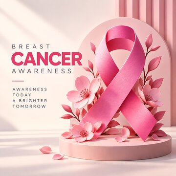 Breast cancer awareness pink ribbon on a pedestal surrounded by cherry blossoms with awareness pedestal campaign wellness template background solidarity